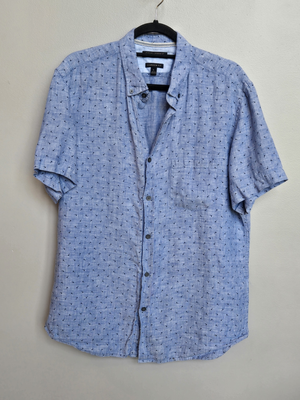 Banana Republic 100% Linen Shirt L Blue Geometric Camden Fit Short Sleeve